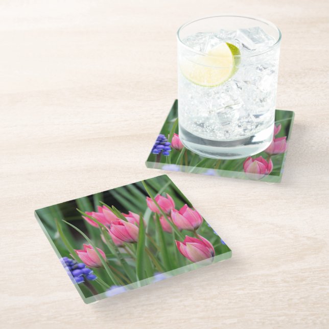 Pretty Pink Tulip Flowers Photograph - Glass Coaster (Angled)