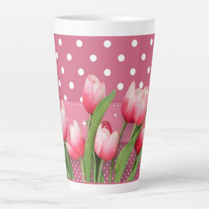 Pretty pink tulips and pink and white polka dots latte mug