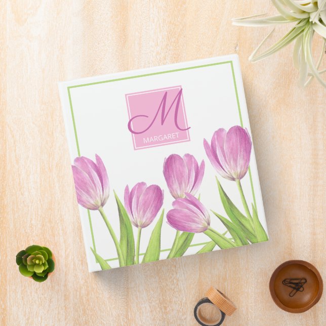 Pretty Pink Tulips Spring Elegant Floral Monogram Binder (In Situ)