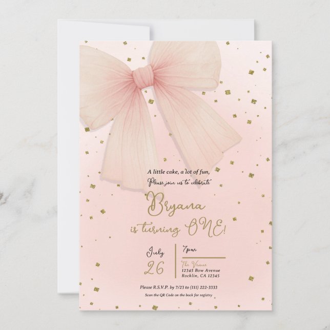 Pretty Pink Tulle Bow & Gold Confetti 1st Birthday Invitation (Front)
