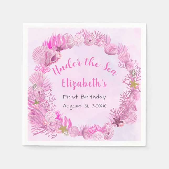 Pretty Pink Under The Sea Girl's Birthday  Napkin (Front)