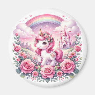 Pretty Pink Unicorn and Fairytale Castle  Magnet