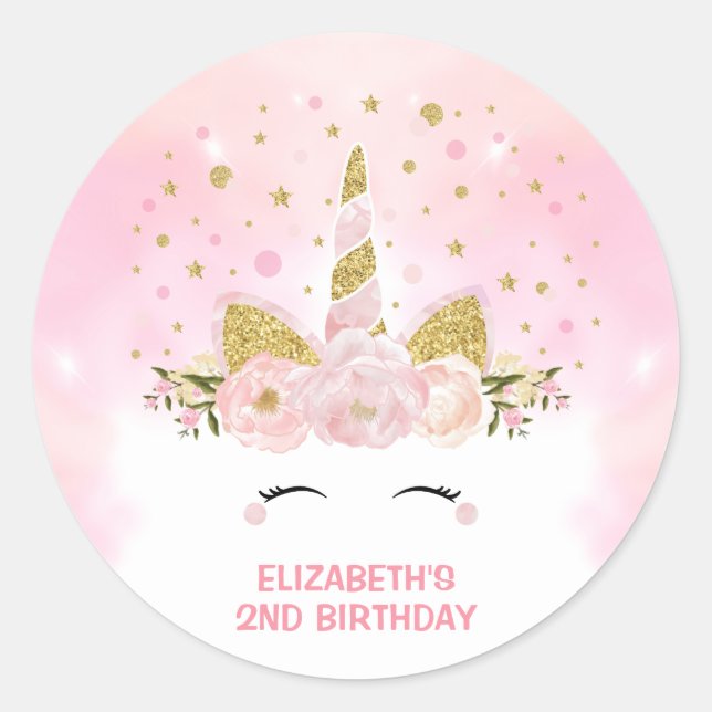 Pretty Pink Unicorn Magical Clouds Galaxy Party Classic Round Sticker (Front)