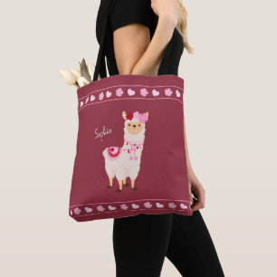 Pretty Pink Valentine's Day Llama Little Girl Name Tote Bag