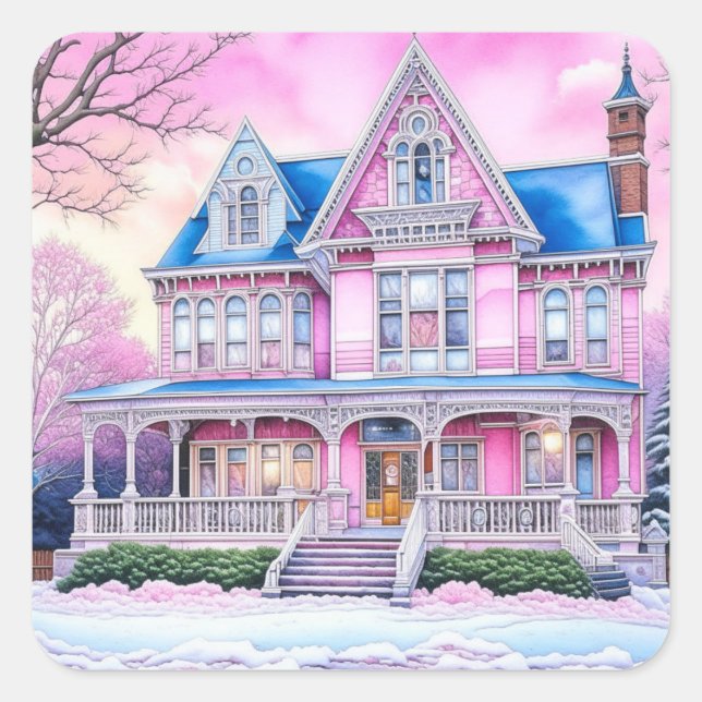Pretty Pink Victorian House at Christmas time Square Sticker (Front)
