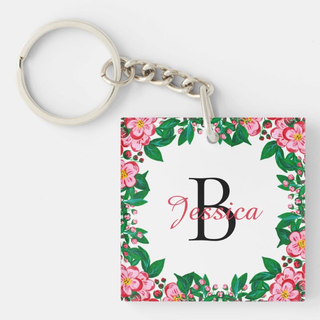 Pretty Pink Vintage Floral Frame Monogram Keychain (Front)