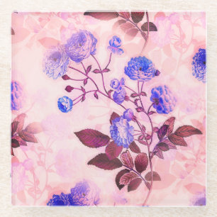 Pretty Pink w/ Purple Floral Print Glass Coaster