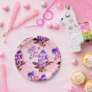 Pretty Pink w/ Purple Floral Print Paper Plate
