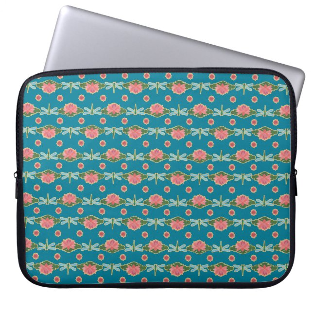 Pretty Pink Water Lilies Dragonflies Laptop Sleeve (Front)