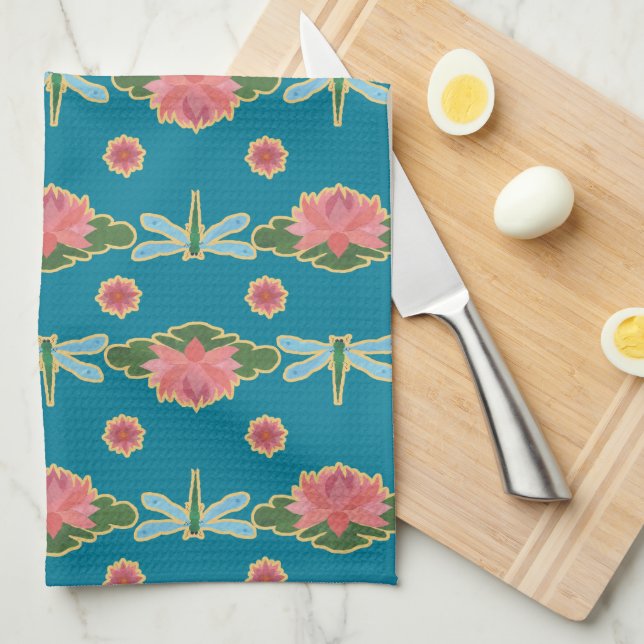 Pretty Pink Water Lilies Dragonflies Tea Towel (Quarter Fold)