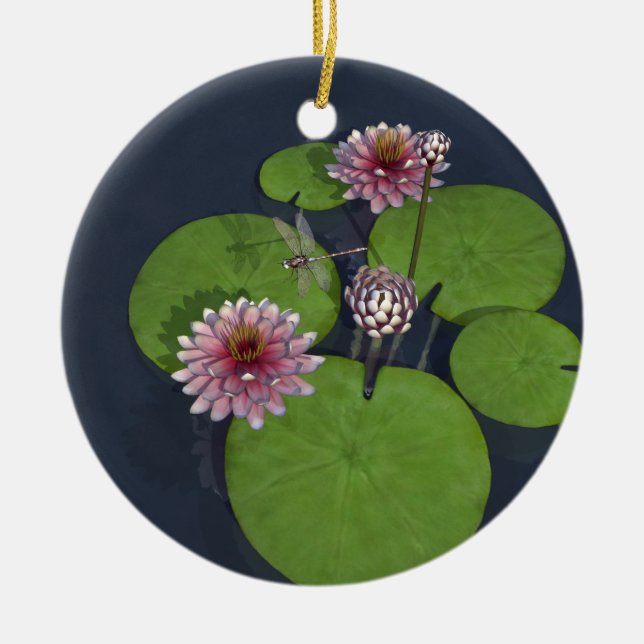Pretty Pink Water Lily and Dragonfly Ceramic Ornament (Front)