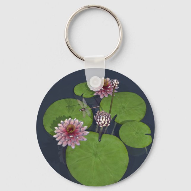 Pretty Pink Water Lily and Dragonfly Keychain (Front)