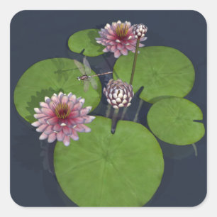 Pretty Pink Water Lily and Dragonfly Square Sticker
