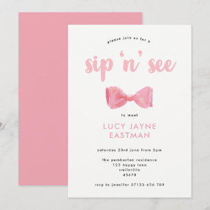 Pretty Pink Watercolor Bow Sip and See Invitation