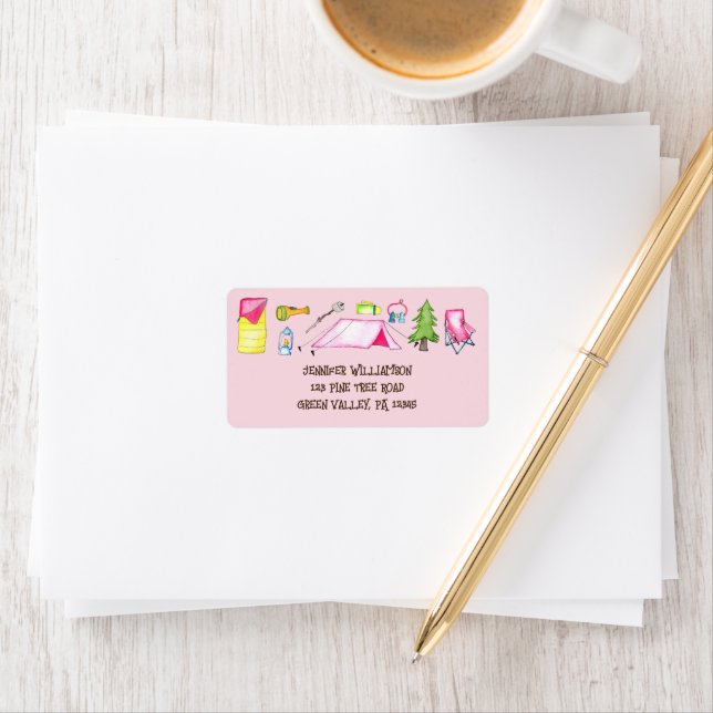 Pretty Pink Watercolor Camping Collage Address Label (Insitu)