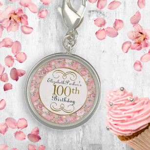 Pretty Pink Watercolor Floral 100th Birthday Charm