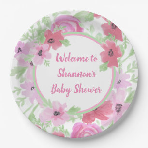 Pretty Pink Watercolor Floral Baby Shower Paper Plate