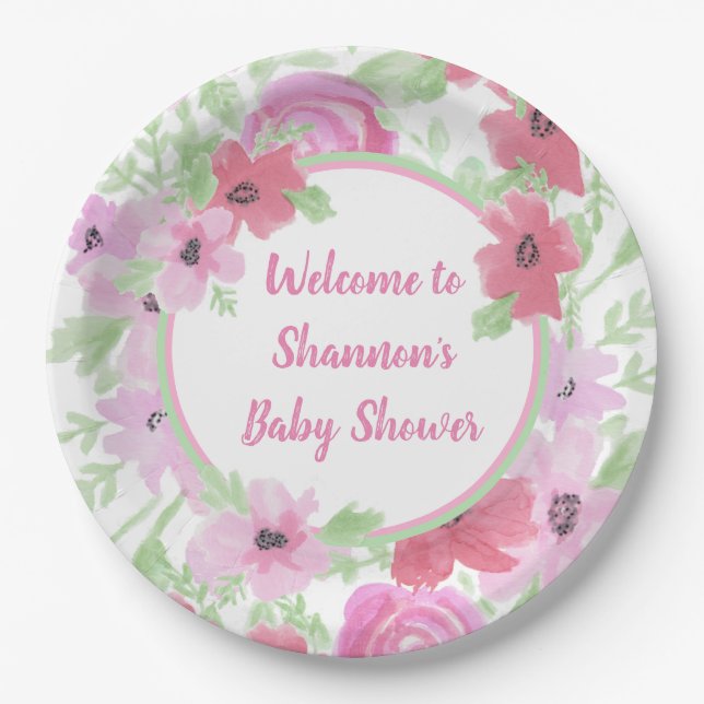Pretty Pink Watercolor Floral Baby Shower Paper Plate (Front)