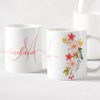 Pretty Pink Watercolor Floral Custom Monogram Name