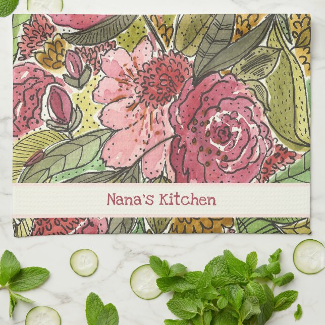Pretty Pink Watercolor Floral Nana's Kitchen  Towel (Folded)