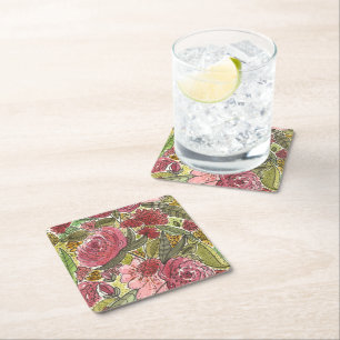 Pretty Pink Watercolor Floral Spring Garden Square Paper Coaster