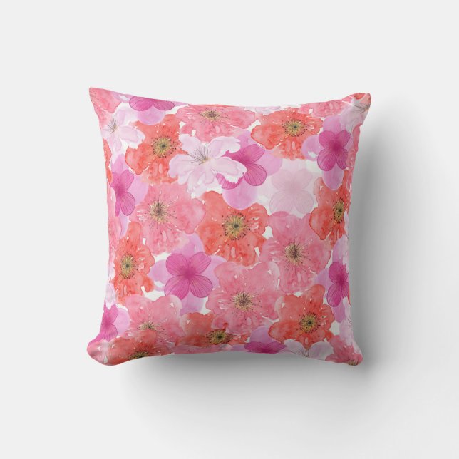Pretty Pink Watercolor Floral Throw Pillow (Front)