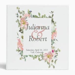 Pretty pink watercolor floral  wedding 3 ring bind binder