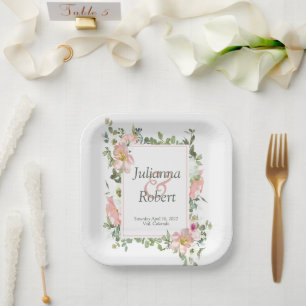 Pretty pink watercolor floral  wedding paper plate
