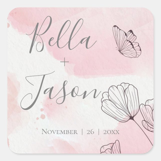 Pretty Pink Watercolor  Flower Butterfly Wedding Square Sticker (Front)