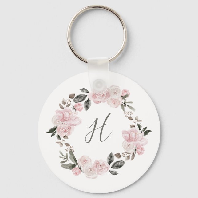 Pretty Pink Watercolor Flowers | Monogram Keychain (Front)
