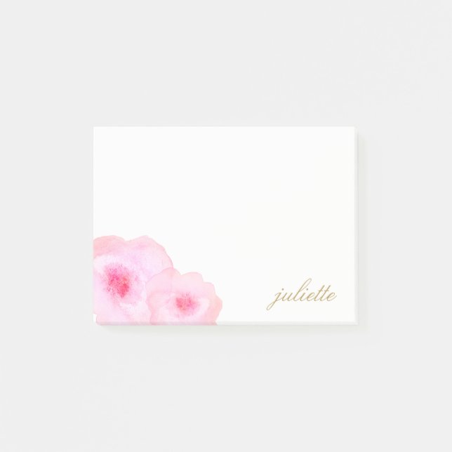 Pretty Pink Watercolor Flowers Personalized Post-it Notes (Front)