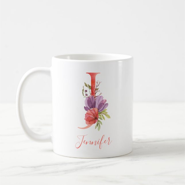 Pretty Pink Watercolor Letter "J" Coffee Mug (Left)