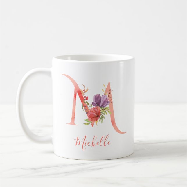 Pretty Pink Watercolor Letter "M" Coffee Mug (Left)