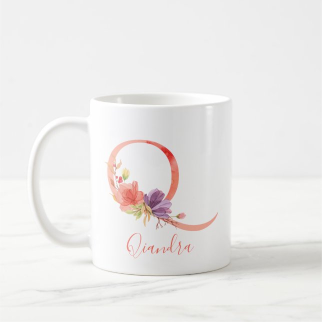 Pretty Pink Watercolor Letter "Q" Coffee Mug (Left)