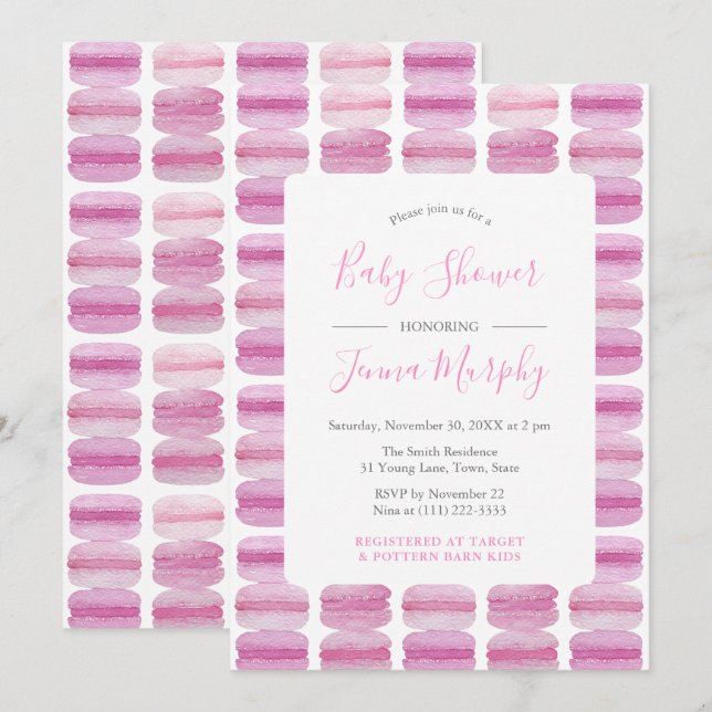 Pretty Pink Watercolor Macaron Baby Shower Invitation (Front/Back)