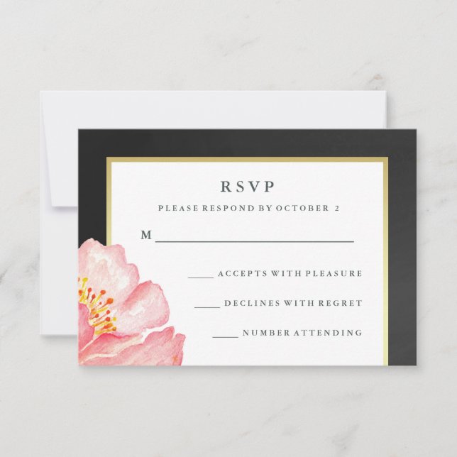 Pretty Pink Watercolor Peony and Chalkboard RSVP (Front)