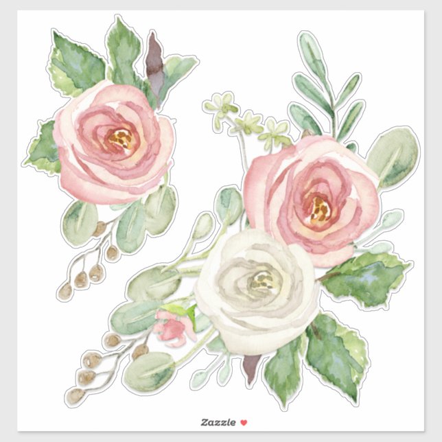 Pretty Pink Watercolor Peony Floral w Leaves (Sheet)