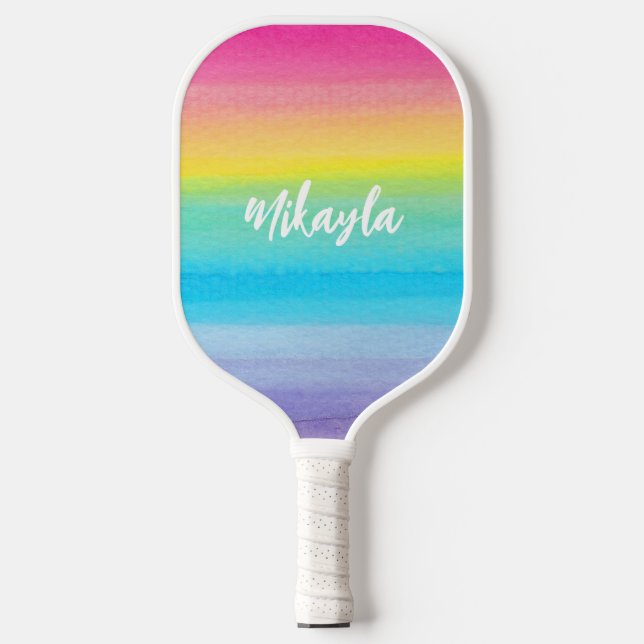 Pretty Pink Watercolor Rainbow Trendy Script Name Pickleball Paddle (Front)