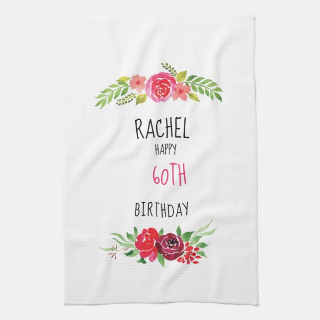 Pretty Pink Watercolor Rose Happy Birthday Text - Kitchen Towel (Vertical)