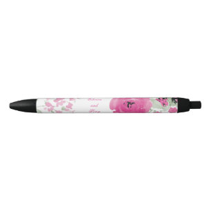 Pretty Pink Watercolor Roses Black Ink Pen