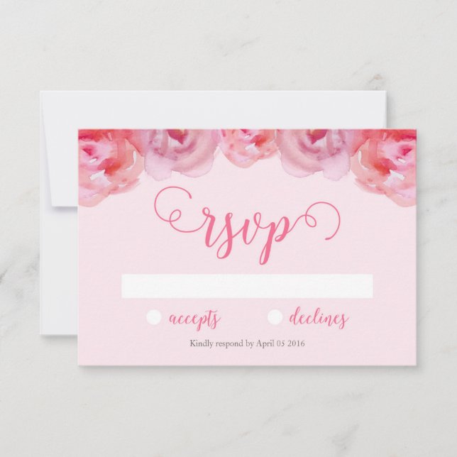 Pretty Pink Watercolor Roses Floral Wedding RSVP (Front)