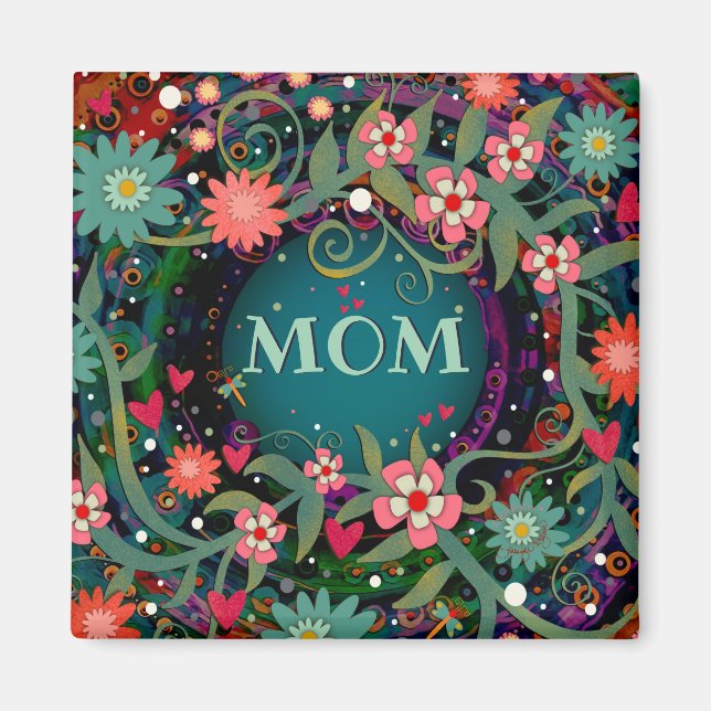 Pretty Pink Whimsical Floral Dragonfly Mom  Magnet (Front)