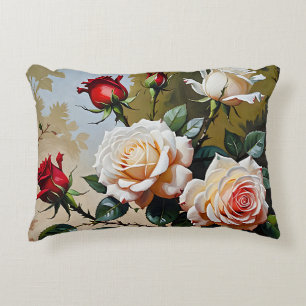 Pretty pink white and red roses oil painting accent pillow