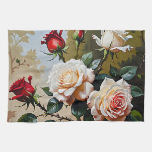 Pretty pink white and red roses oil painting kitchen towel