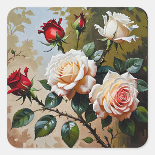Pretty pink white and red roses oil painting square sticker