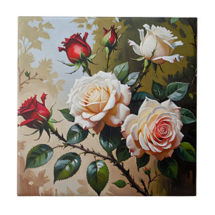 Pretty pink white and red roses oil painting tile