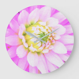 Pretty Pink, White and Yellow Cactus Dahlia Macro Large Clock