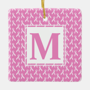 Pretty Pink & White Breast Cancer Ribbons Monogram Ceramic Ornament