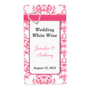 Pretty Pink & White Damask Wedding Wine Labels