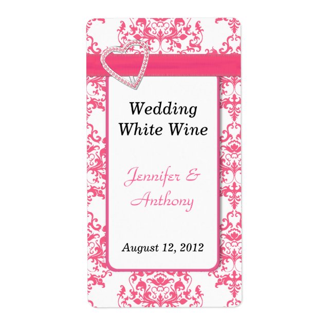 Pretty Pink & White Damask Wedding Wine Labels (Front)